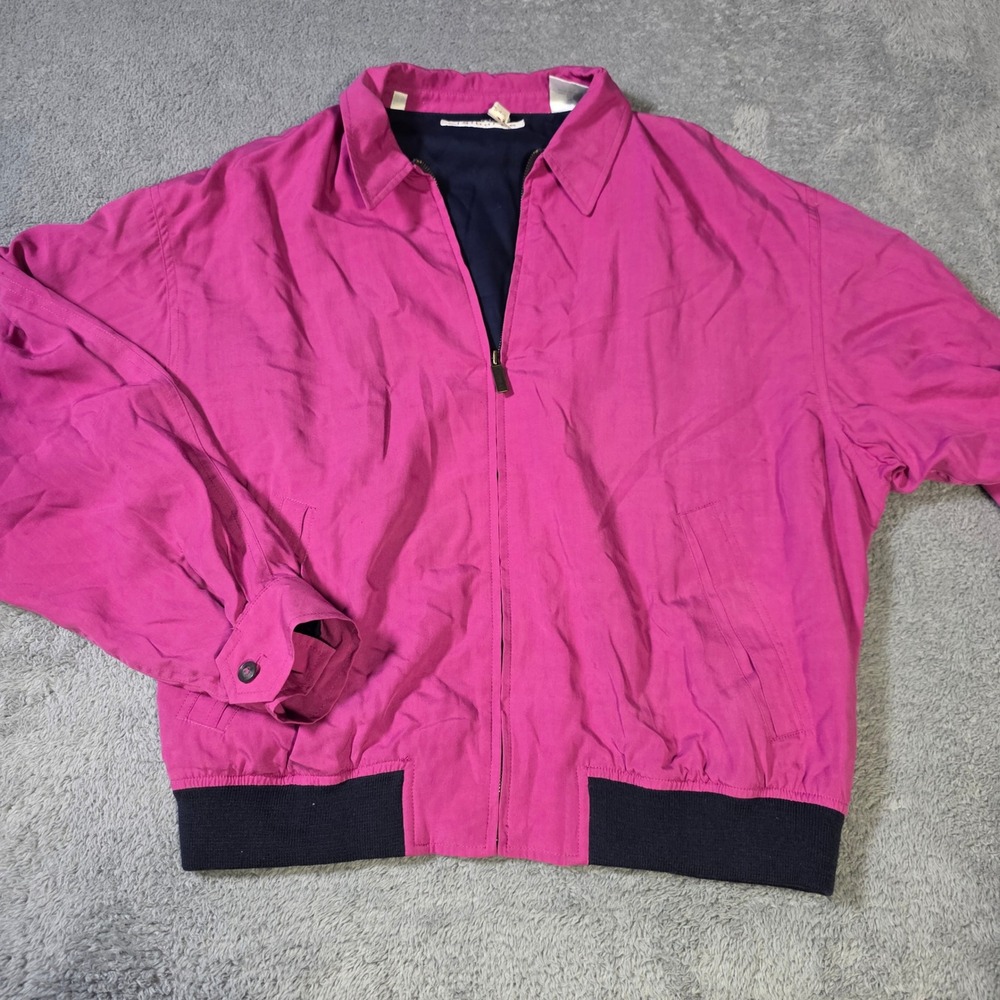 Claiborne Mens Large Bomber Jacket Magenta Pink Rayon Full Zip‎ Vintage 846420 A